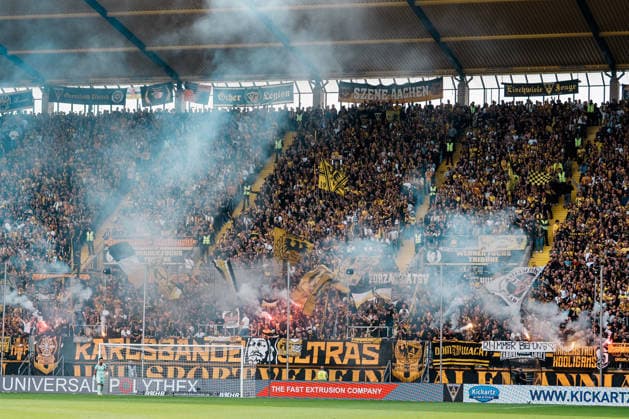 German Soccer 3rd Division 2026–2027, Matchday 7: Alemannia Aachen vs. Fortuna Düsseldorf at Tivoli Aachen; Pyrotechnics in the Werner Fuchs Stand after cheering, goal, lead, score, joy, celebration, emotions Copyright: xThiemoxRudolphx