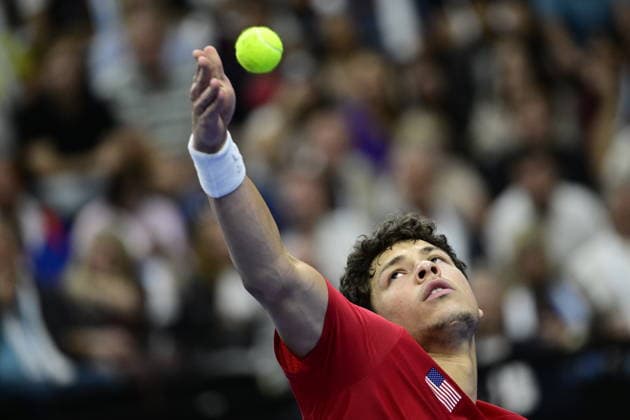 2026 Davis Cup men s team tennis World Championship, WM, Weltmeisterschaft match between the Czech Republic and the United States in Prague, Czech Republic, on September 19, 2026. Match Ben Shelton (pictured) of USA against Jakub Mensik of Czech Republic. (CTKxPhoto RomanxVondrous) CTKPhotoP2026091904799  CTKPhotoP2026091904799