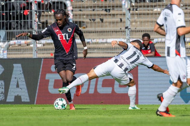 Yannick Tonye, Viktoria Köln, 07 runs with the ball into the outstretched leg of Sejdo Durakov of FC Ingolstadt 04, 11 Tackle: FC Viktoria Köln vs. FC Ingolstadt 04, Soccer, 3rd Division, Matchday 7, 2026–27 Season, September 19, 2026, DFL regulations prohibit any use of photographs as image sequences and or quasi-video; FC Viktoria Köln vs. FC Ingolstadt 04, soccer, 3. Liga, Matchday 7, 2026–27 season, September 19, 2026, Cologne Copyright: xEibner-Pressefoto LukasxBaldygax EP_LBA