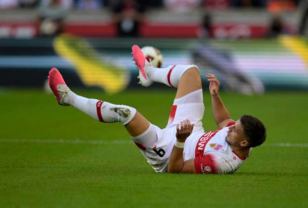 September 19, 2026, Soccer, Bundesliga 1, 2026–2027, Matchday 4, VfB Stuttgart vs. Borussia Dortmund, at the MHP Arena in Stuttgart, Ermedin Demirovic on the ground
