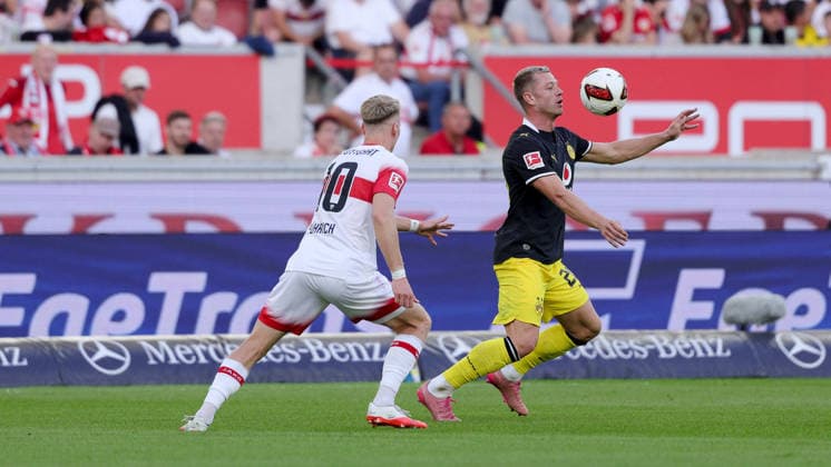 September 19, 2026, Germany, Stuttgart, Bundesliga, VfB Stuttgart vs. Borussia Dortmund, Chris Führich (VfB) and Julian Ryerson (Dortmund)