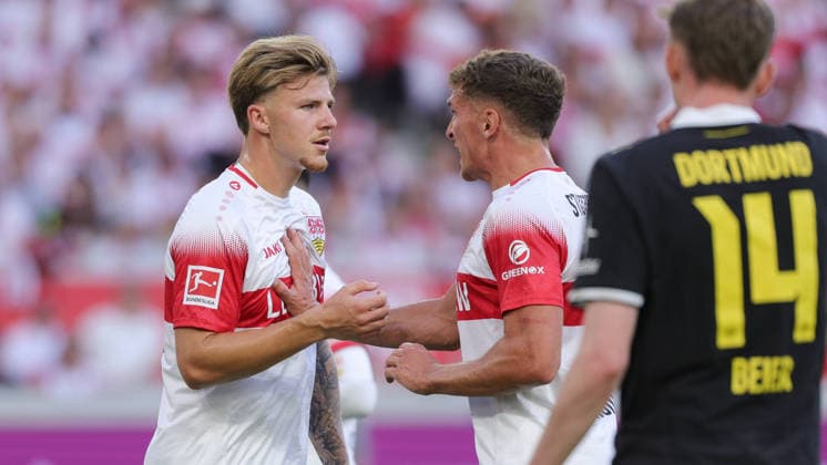 September 19, 2026, Germany, Stuttgart, Bundesliga, VfB Stuttgart vs. Borussia Dortmund, Finn Jeltsch (VfB), Grischa Prömel (VfB)