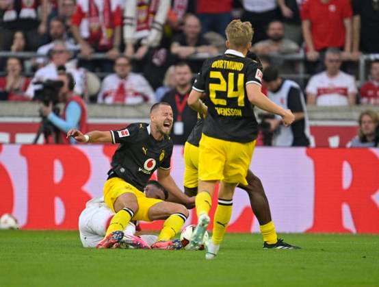 September 19, 2026, Soccer, Bundesliga 1, 2026–2027, Matchday 4, VfB Stuttgart vs. Borussia Dortmund, at the MHP Arena in Stuttgart, Foul on Waldemar Anton (Borussia Dortmund)
