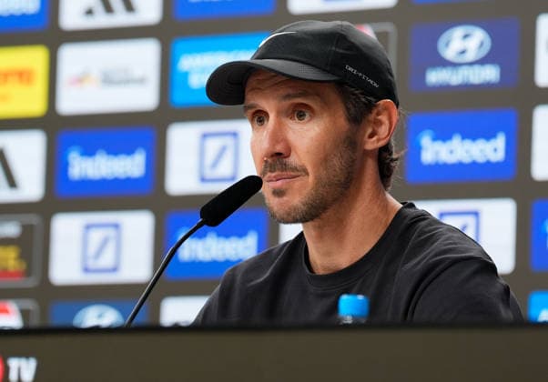 Julian Schuster, SC Freiburg head coach, attends the post-game press conference (GER), Eintracht Frankfurt vs. SC Freiburg, Bundesliga 1, Matchday 4, 2026–27 Season, Deutsche Bank Park, Frankfurt, September 19, 2026 DFL REGULATIONS PROHIBIT ANY USE OF PHOTOGRAPHS AS IMAGE SEQUENCES AND OR QUASI-VIDEO Eintracht Frankfurt vs. SC Freiburg, Bundesliga 1, Matchday 4, 2026–27 season, September 19, 2026, Frankfurt am Main Copyright: xEibner-Pressefoto ScottxColemanx EP_SCN