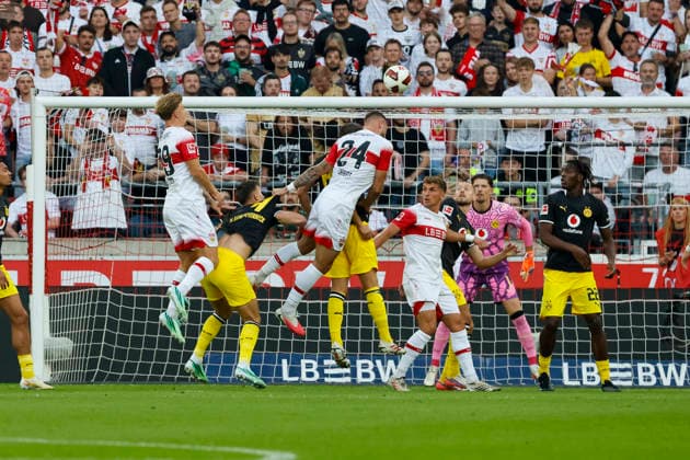 In the penalty area of BVB Dortmund, Germany, soccer, Bundesliga 1, Matchday 4, 2026–2027, VfB Stuttgart vs. Borussia Dortmund, September 19, 2026, Stuttgart MHP Arena, Germany Copyright: xGrantxHubbsx