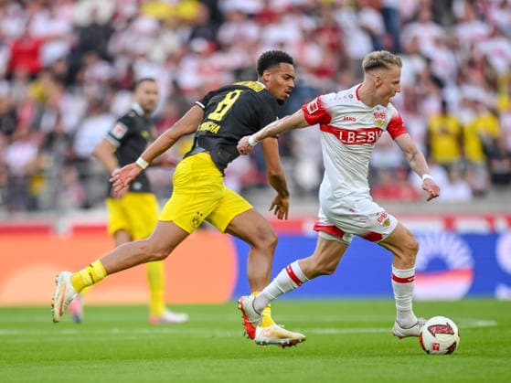 Felix Nmecha of Borussia Dortmund and Chris Fuehrich of VfB Stuttgart battle for the ball during the Bundesliga match between VfB Stuttgart and Borussia Dortmund, MHPArena on September 19, 2026, in Stuttgart, Germany. Photo by Harry Langer, DeFodi Images. Felix Nmecha of Borussia Dortmund and Chris Fuehrich of VfB Stuttgart battle for the ball during the Bundesliga match between VfB Stuttgart and Borussia Dortmund at MHPArena on September 19, 2026, in Stuttgart, Germany. Photo by Harry Langer, DeFodi Images. DFB and DFL regulations prohibit any use of photographs as image sequences and or quasi-video. Photo by Harry Langer, DeFodi Images. DFB and DFL regulations prohibit any use of photographs as imageSEQUENCES AND OR QUASI-VIDEO