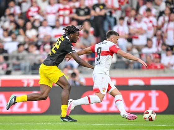 Joane Gadou of Borussia Dortmund and Ermedin Demirovic VfB Stuttgart players battle for the ball during the Bundesliga match between VfB Stuttgart and Borussia Dortmund at the MHPArena on September 19, 2026, in Stuttgart, Germany. Photo by Harry Langer, DeFodi Images. Joane Gadou of Borussia Dortmund and Ermedin Demirovic VfB Stuttgart battle for the ball during the Bundesliga match between VfB Stuttgart and Borussia Dortmund at MHPArena on September 19, 2026, in Stuttgart, Germany. Photo by Harry Langer, DeFodi Images. DFB and DFL regulations prohibit any use of photographs as image sequences and or quasi-video. Photo by Harry Langer, DeFodi Images. DFB and DFL regulations prohibit any use of photographs as imSEQUENCES AND OR QUASI-VIDEO