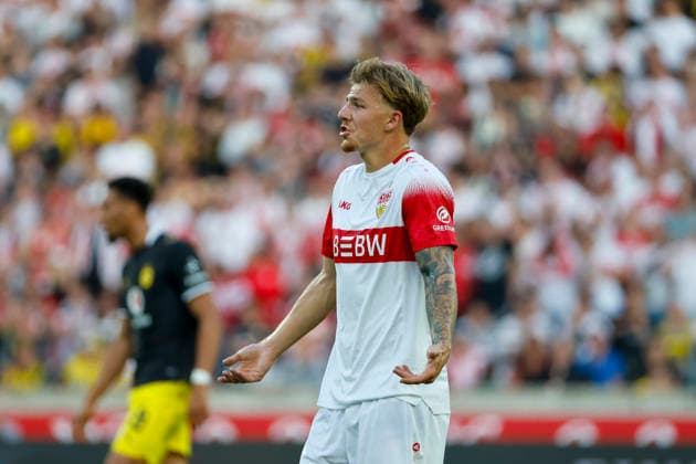 Finn Jeltsch, VfB Stuttgart, 29, facial expressions, emotion, Germany, soccer, Bundesliga 1, Matchday 4, 2026–2027, VfB Stuttgart vs. Borussia Dortmund, September 19, 2026, Stuttgart MHP Arena, Germany Copyright: xGrantxHubbsx