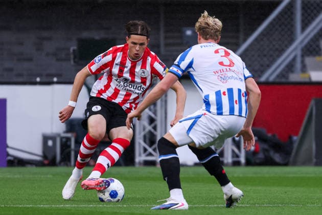2026-09-19 Sparta Rotterdam v sc Heerenveen - Dutch Eredivisie ROTTERDAM, NETHERLANDS - SEPTEMBER 19: Casper Terho of Sparta Rotterdam is challenged by Maas Willemsen of sc Heerenveen during the Dutch Eredivisie match between Sparta Rotterdam and sc Heerenveen at Sparta-stadion Het Kasteel on September 19, 2026 in Rotterdam, Netherlands. Rotterdam Sparta-stadion Het Kasteel Netherlands Content not available for redistribution in The Netherlands directly or indirectly through any third parties. Copyright: xHansxvanxderxValkx