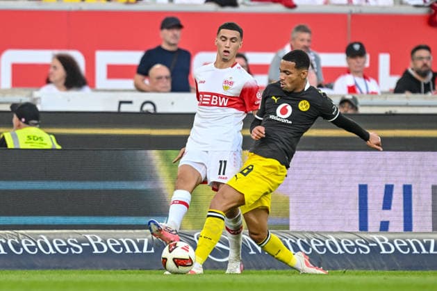 Bilal El Khannouss of VfB Stuttgart and Ethan Nwaneri of Borussia Dortmund battle for the ball during the Bundesliga match between VfB Stuttgart and Borussia Dortmund, at the MHPArena on September 19, 2026, in Stuttgart, Germany. Photo by Harry Langer, DeFodi Images. Bilal El Khannouss of VfB Stuttgart and Ethan Nwaneri of Borussia Dortmund battle for the ball during the Bundesliga match between VfB Stuttgart and Borussia Dortmund at the MHPArena on September 19, 2026 in Stuttgart, Germany. Photo by Harry Langer, DeFodi Images. DFB and DFL regulations prohibit any use of photographs as image sequences and or quasi-video. Photo by Harry Langer, DeFodi Images. DFB and DFL regulations prohibit any use of photographs as imSEQUENCES AND OR QUASI-VIDEO