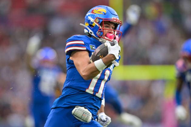 Tate Nagy for University of Kansas Jayhawks takes a punt return into the end zone to score early during the Union Jack Classic Big 12 Conference match between University of Kansas Jayhawks and Arizona State University Sun Devils at Wembley Stadium, London, England on 19 September 2026. Copyright: xPhilxHutchinsonx 45400011
