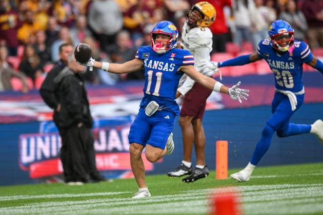 Kansas Jayhawks v Arizona State Sun Devils Union Jack Classic Tate Nagy, Wide Receiver of Kansas Jayhawks scores a punt return touchdown during the Union Jack Classic match at Wembley Stadium, London 19 09 2026 UK Newspapers OUT Copyright: xMalcolmxFellx FIL-23969-0022