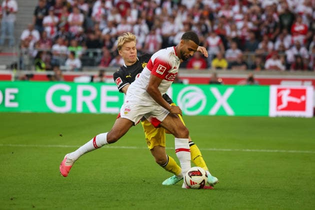 September 26, 2020 VfB Stuttgart vs. Borussia Dortmund Germany, Stuttgart, September 20, 2026, Soccer, Bundesliga, 2026–2027 Season, VfB Stuttgart vs. Borussia Dortmund Josha Vagnoman, VfB, right, jonataha, Svensson, left, Dortm