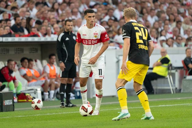 Tackle: Bilal El Khannouss (VfB Stuttgart, 11) vs. Daniel Svensson (Borussia Dortmund, 24), GER, VfB Stuttgart vs. Borussia Dortmund, Soccer, Bundesliga 1, Matchday 4, 2026–2027 Season, September 19, 2026, DFL regulations prohibit any use of photographs as image sequences and or quasi-video, GER, VfB Stuttgart vs. Borussia Dortmund, Soccer, Bundesliga 1, Matchday 4, 2026–2027 Season, September 19, 2026, Stuttgart Copyright: xEibner-Pressefoto EdwardxCheungx EP_ECG
