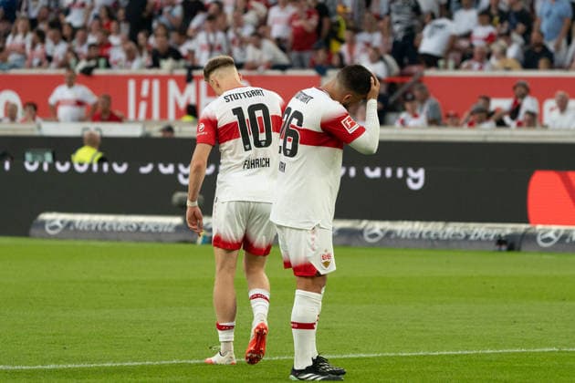 Chris Führich, VfB Stuttgart, 10, Deniz Undav, VfB Stuttgart, 26, disappointed, disappointment, frustrated, frustration, annoyed, annoyance, GER, VfB Stuttgart vs. Borussia Dortmund, soccer, Bundesliga 1, Matchday 4, 2026–2027 season, September 19, 2026, DFL regulations prohibit any use of photographs as image sequences and or quasi-video, GER, VfB Stuttgart vs. Borussia Dortmund, soccer, Bundesliga 1, Matchday 4, 2026–2027 season, September 19, 2026, Stuttgart Copyright: xEibner-Pressefoto EdwardxCheungx EP_ECG