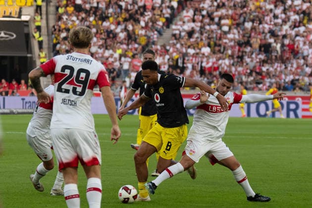 September 19, 2026: Soccer – VfB Stuttgart vs. Borussia Dortmund, Matchday 4 of the Bundesliga 1 at the MHP Arena; Felix Nmecha (Borussia Dortmund) vs. Deniz Undav (VfB Stuttgart), 26 IMPORTANT NOTICE: In accordance with DFL and DFB regulations, it is prohibited to use or allow the use of photographs taken in the stadium and or during the game in the form of sequential images and or video-like photo series. Copyright: xJamesxZabelx