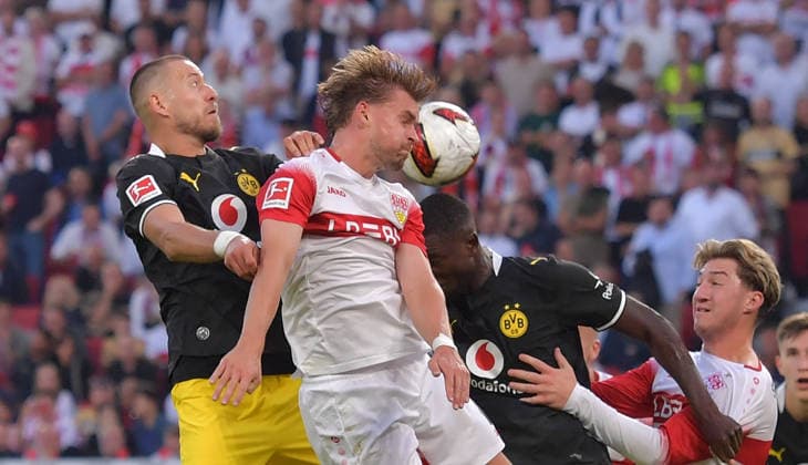 September 19, 2026, xblx, Soccer, Bundesliga 1, VfB Stuttgart vs. Borussia Dortmund, Yan Couto (Borussia Dortmund), Maximilian Mittelstaedt Mittelstädt, VfB Stuttgart; Serhou Guirassy, Borussia Dortmund; Angelo Stiller, VfB Stuttgart. DFL and DFB regulations prohibit any use of photographs as image sequences and or quasi-video. Stuttgart