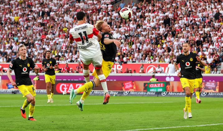 September 19, 2026, Germany, Stuttgart, Bundesliga, VfB Stuttgart vs. Borussia Dortmund, from left: Maximilian Baier (BVB), Bilal El Khannouss (VfB), Daniel Svensson (BVB), Waldemar Anton (BVB)