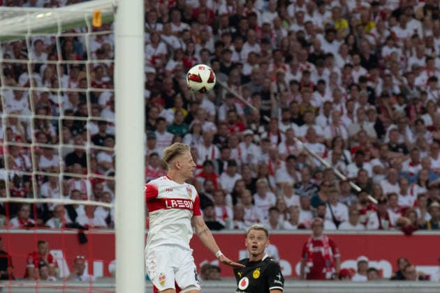 September 19, 2026: Soccer – VfB Stuttgart vs. Borussia Dortmund, Matchday 4 of the Bundesliga 1 at the MHP Arena; header duel between Chris Fuhrich (VfB Stuttgart), 10 vs. Julian Ryerson (Borussia Dortmund), 26 IMPORTANT NOTICE: In accordance with DFL and DFB regulations, it is prohibited to use or allow the use of photographs taken in the stadium and or during the match in the form of sequential images and or video-like photo series. Copyright: xJamesxZabelx