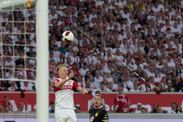 September 19, 2026: Soccer – VfB Stuttgart vs. Borussia Dortmund, Matchday 4 of the Bundesliga 1 at the MHP Arena; Heading duel: Chris Fuhrich (VfB Stuttgart), 10 vs. Julian Ryerson, Borussia Dortmund, 26 IMPORTANT NOTICE: In accordance with DFL and DFB regulations, it is prohibited to use or allow the use of photographs taken in the stadium and or during the game in the form of sequential images and or video-like photo series. Copyright: xJamesxZabelx