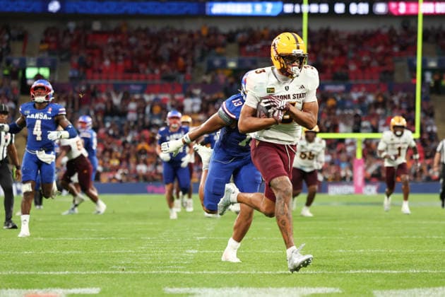 Reed Harris of Arizona State University Sun Devils scores a touchdown to make the score 7-9 during the Union Jack Classic Big 12 Conference match between University of Kansas Jayhawks and Arizona State University Sun Devils at Wembley Stadium, London, England on 19 September 2026. Copyright: xKenxSparksx 45410004
