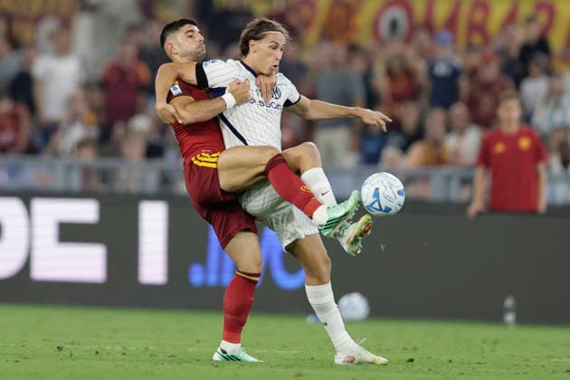 Serie a football match AS Roma vs Inter Roma™s Greek defender Konstantinos Koulierakis challenges for the ball with Inter™s Italian forward Francesco Pio Esposito during the Serie A football match between AS Roma vs Inter at the Olimpico Stadium in Rome, Italy on September 19, 2026. _BPH8976 Copyright: xAntonioxBalascox