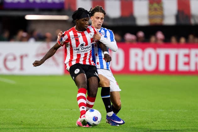 2026-09-19 Sparta Rotterdam v sc Heerenveen - Dutch Eredivisie ROTTERDAM, NETHERLANDS - SEPTEMBER 19: Joel Ideho of Sparta Rotterdam battles for the ball with Oliver Braude of sc Heerenveen during the Dutch Eredivisie match between Sparta Rotterdam and sc Heerenveen at Sparta-stadion Het Kasteel on September 19, 2026 in Rotterdam, Netherlands. Rotterdam Sparta-stadion Het Kasteel Netherlands Content not available for redistribution in The Netherlands directly or indirectly through any third parties. Copyright: xHansxvanxderxValkx