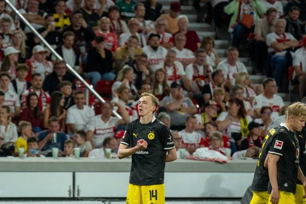 September 19, 2026: Soccer – VfB Stuttgart vs. Borussia Dortmund, Matchday 4 of the Bundesliga at the MHP Arena: Maximilian Beier of Borussia Dortmund celebrates his goal, 14, after scoring the 1–0 goal for Dortmund. IMPORTANT NOTICE: In accordance with the guidelines of the DFL and the DFB, it is prohibited to use or allow the use of photographs taken in the stadium and or during the match in the form of sequential images and or video-like photo sequences Copyright: xJamesxZabelx