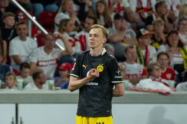September 19, 2026: Soccer – VfB Stuttgart vs. Borussia Dortmund, Matchday 4 of the Bundesliga at the MHP Arena: Maximilian Beier of Borussia Dortmund celebrates his goal, 14, after scoring the 1–0 goal for Dortmund. IMPORTANT NOTICE: In accordance with the guidelines of the DFL and the DFB, it is prohibited to use or allow the use of photographs taken in the stadium and or during the match in the form of sequential images and or video-like photo sequences Copyright: xJamesxZabelx