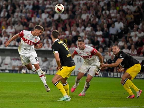 September 19, 2026, Soccer: 2026–2027 Bundesliga Season, Matchday 4, VfB Stuttgart vs. Borussia Dortmund, at the MHP Arena in Stuttgart, Grischa Prömel (Stuttgart), Nico Schlotterbeck (Borussia Dortmund), Ermedin Demirovic (Stuttgart), and Waldemar Anton (Borussia Dortmund)