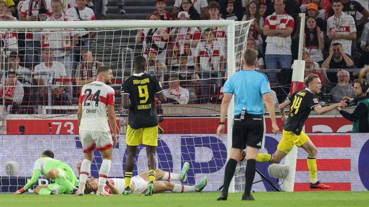 September 19, 2026, Germany, Stuttgart, Bundesliga, VfB Stuttgart vs. Borussia Dortmund, Maximilian Beier of Dortmund celebrates after scoring the 1-0 goal