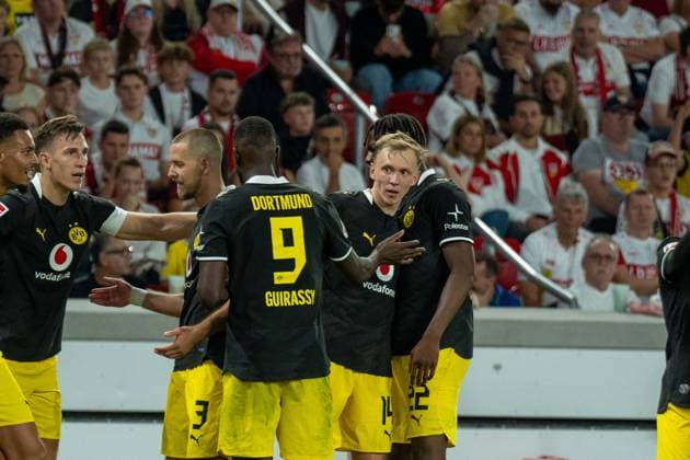 September 19, 2026: VfB Stuttgart vs. Borussia Dortmund, Matchday 4 of the Bundesliga at the MHP Arena: Maximilian Beier of Borussia Dortmund celebrates his goal, 14, after scoring the 1–0 goal for Dortmund. IMPORTANT NOTICE: In accordance with DFL and DFB regulations, it is prohibited to use or allow the use of photographs taken in the stadium and or during the game in the form of sequential images and or video-like photo sequences Copyright: xJamesxZabelx