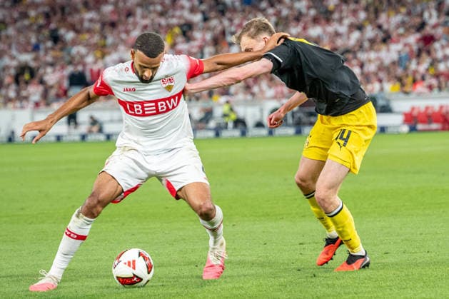 September 19, 2026, xdaymx, Soccer, Bundesliga 1, VfB Stuttgart vs. Borussia Dortmund, featuring Josha Vagnoman of VfB Stuttgart in a tackle with Maximilian Beier of Borussia Dortmund. DFL and DFB regulations prohibit any use of photographs as image sequences and or quasi-video. Stuttgart