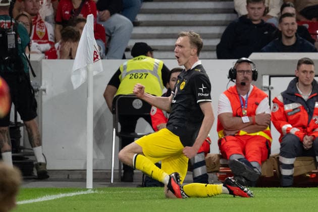 September 19, 2026, GER, Soccer, Men s, Bundesliga 1, 2026–2027 Season, Matchday 4, VfB Stuttgart vs. Borussia Dortmund; Goal to make it 0–1 by Maximilian Beier (Borussia Dortmund), 14; Celebrations; Goal celebrations; Celebrating his goal; DFB and DFL regulations prohibit any use of photographs as image sequences and or quasi-video; Stuttgart; MHP Arena; Baden-Württemberg; Germany Copyright: xNordphoto WolfgangxFrankx