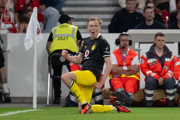 September 19, 2026, GER, Soccer, Men s, Bundesliga 1, 2026–2027 Season, Matchday 4, VfB Stuttgart vs. Borussia Dortmund; Goal to make it 0–1 by Maximilian Beier (Borussia Dortmund), 14; Celebrations; Goal celebrations; Celebrating his goal; DFB and DFL regulations prohibit any use of photographs as image sequences and or quasi-video; Stuttgart; MHP Arena; Baden-Württemberg; Germany Copyright: xNordphoto WolfgangxFrankx