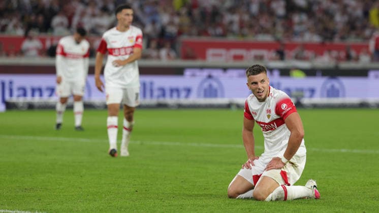 September 19, 2026, Germany, Stuttgart, Bundesliga, VfB Stuttgart vs. Borussia Dortmund, Deniz Undav (VfB), Bilai El Khannouss (VfB), Ermedin Demirovic (VfB)
