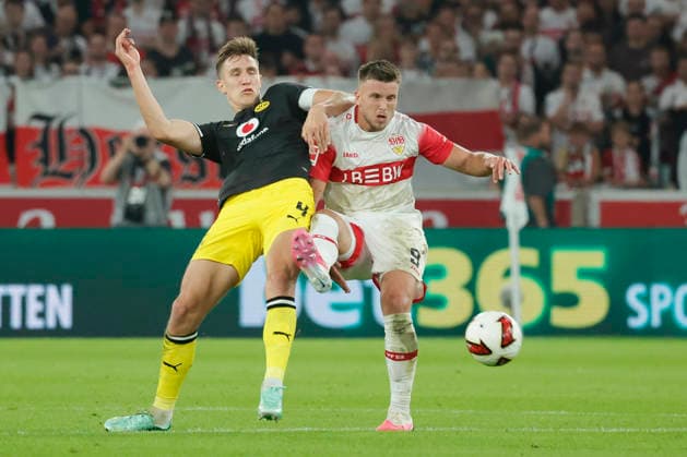 Pictured from left: Nico Schlotterbeck (Borussia Dortmund), 4, against Ermedin Demirovic (VfB Stuttgart), 9, September 19, 2026, VfB Stuttgart vs. Borussia Dortmund, Bundesliga 1, Matchday 4, Germany, Stuttgart, MHP Arena, DFL REGULATIONS PROHIBIT ANY USE OF PHOTOGRAPHS AS IMAGE SEQUENCES AND OR QUASI-VIDEO Copyright: HMBxMedia xJulienxBecker