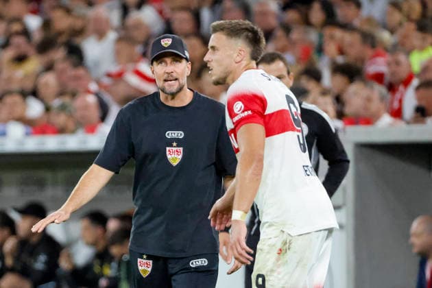 Sebastian Hoeneß, Hoeness VfB Stuttgart, Coach, and Ermedin Demirovic, VfB Stuttgart, 09, Germany, Soccer, Bundesliga 1, Matchday 4, 2026–2027, VfB Stuttgart vs. Borussia Dortmund, September 19, 2026, Stuttgart MHP Arena, Germany Copyright: xGrantxHubbsx