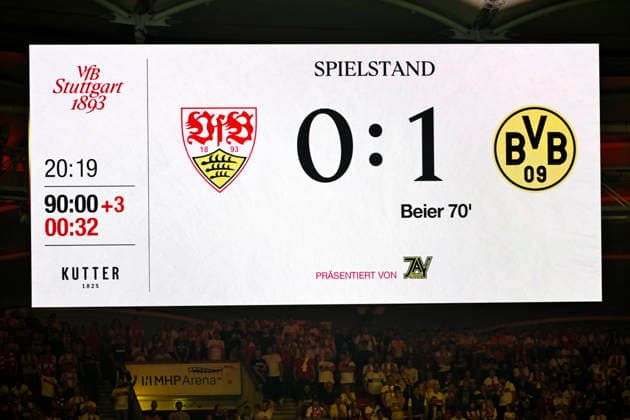 At the end of the game, the scoreboard read 0–1: VfB Stuttgart vs. Borussia Dortmund (BVB), September 19, 2026. DFL regulations prohibit any use of photographs as image sequences and or quasi-video. VfB Stuttgart vs. Borussia Dortmund (BVB)