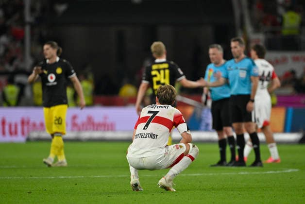 After the game: Maximilian Mittelstaedt of VfB Stuttgart 07 is disappointed. VfB Stuttgart vs. Borussia Dortmund (BVB), September 19, 2026. DFL regulations prohibit any use of photographs as image sequences and or quasi-video. VfB Stuttgart vs. Borussia Dortmund (BVB)