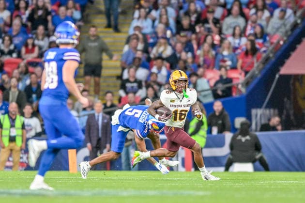 Jaren Hamilton of Arizona State University Sun Devils with a kick off return to score a touchdown early in the third quarter during the Union Jack Classic Big 12 Conference match between University of Kansas Jayhawks and Arizona State University Sun Devils at Wembley Stadium, London, England on 19 September 2026. Copyright: xPhilxHutchinsonx 45400026