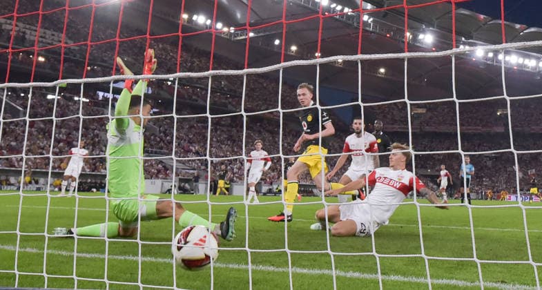 September 19, 2026, xblx, Soccer, Bundesliga 1, VfB Stuttgart vs. Borussia Dortmund, Maximilian Beier (Borussia Dortmund), Goal scored, Goal making the score 0–1. DFL and DFB regulations prohibit any use of photographs as image sequences and or quasi-video. Stuttgart