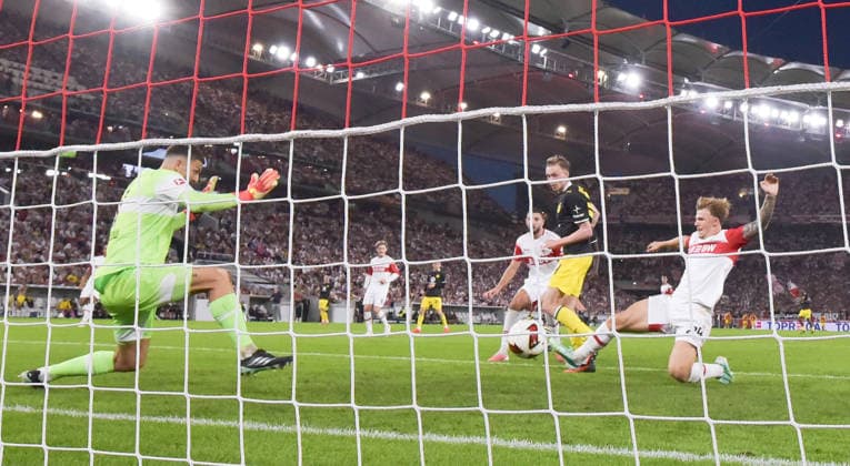 September 19, 2026, xblx, Soccer, Bundesliga 1, VfB Stuttgart vs. Borussia Dortmund, Maximilian Beier (Borussia Dortmund), Goal scored, Goal making the score 0–1. DFL and DFB regulations prohibit any use of photographs as image sequences and or quasi-video. Stuttgart