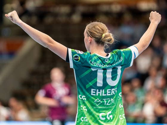 Matilda Ehlert of Frisch Auf Women, No. 10, celebrates after her team scores a goal, Frisch Auf Goeppingen vs. HC Leipzig, handball, 1st Bundesliga, 2026–2027 season, September 19, 2026, Frisch Auf Goeppingen vs. HC Leipzig, Handball, 1st Bundesliga, 2026–2027 season, September 19, 2026, Goeppingen Copyright: xMichaelxSchmidt Eibner-Pressefotx EP_MST