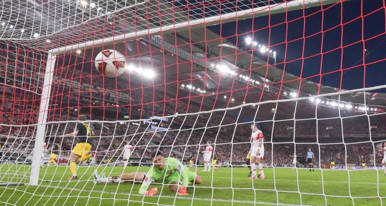 September 19, 2026, xblx, Soccer, Bundesliga 1, VfB Stuttgart vs. Borussia Dortmund – Maximilian Beier (Borussia Dortmund), Goal scored, Goal making the score 0–1. DFL and DFB regulations prohibit any use of photographs as image sequences and or quasi-video. Stuttgart