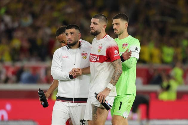 September 19, 2026, Germany, Stuttgart, Bundesliga, VfB Stuttgart vs. Borussia Dortmund, Jamie Leweling (VfB), Deniz Undav (VfB), Jeff Chabot (VfB), Fabian Bredlow (VfB)