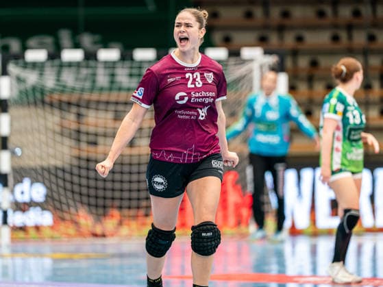 Marlene Tucholke of HC Leipzig, 23, cheers loudly; Frisch Auf Goeppingen vs. HC Leipzig, handball, 1st Bundesliga, 2026–2027 season, September 19, 2026, Frisch Auf Göppingen vs. HC Leipzig, handball, 1. Bundesliga, 2026–2027 season, September 19, 2026, Göppingen Copyright: xMichaelxSchmidt Eibner-Pressefotx EP_MST