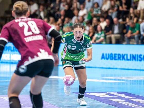 Haruno Sasaki, Frisch Auf Women s Team, 32, driving the ball with speed, Frisch Auf Goeppingen vs. HC Leipzig, handball, Bundesliga 1, 2026–2027 season, September 19, 2026, Frisch Auf Goeppingen vs. HC Leipzig, Handball, 1st Bundesliga, 2026–2027 season, September 19, 2026, Goeppingen Copyright: xMichaelxSchmidt Eibner-Pressefotx EP_MST