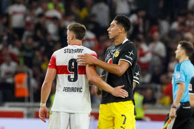 Ermedin Demirovic (VfB Stuttgart, 09) and Jobe Bellingham (BVB Dortmund, 07) after the game, Germany, soccer, Bundesliga 1, Matchday 4, 2026–2027, VfB Stuttgart vs. Borussia Dortmund, September 19, 2026, Stuttgart MHP Arena, Germany Copyright: xGrantxHubbsx