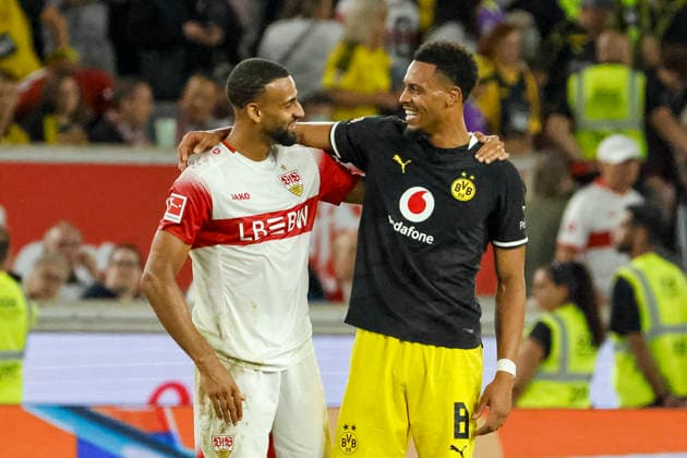 Josha Vagnoman (VfB Stuttgart, 04) and Felix Nmecha (BVB Dortmund, 08) after the game, Germany, soccer, Bundesliga 1, Matchday 4, 2026–2027, VfB Stuttgart vs. Borussia Dortmund, September 19, 2026, Stuttgart MHP Arena, Germany Copyright: xGrantxHubbsx